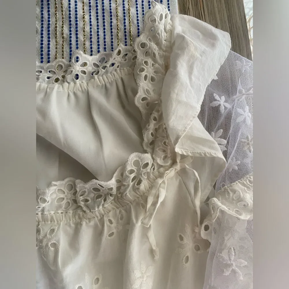 For Love And Lemons Hermosa Eyelet Mini Dress Tunic Beige Sz Small Tulle Sleeve - Picture 9 of 15